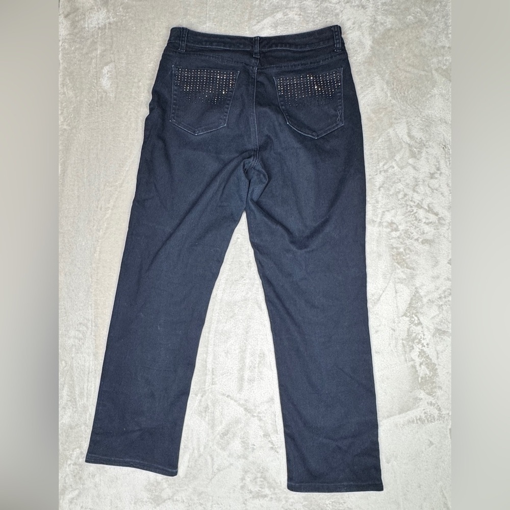 Jones New York Lexington Straight Dark Wash Zipper Fly Rhinestone Blue Jeans 10